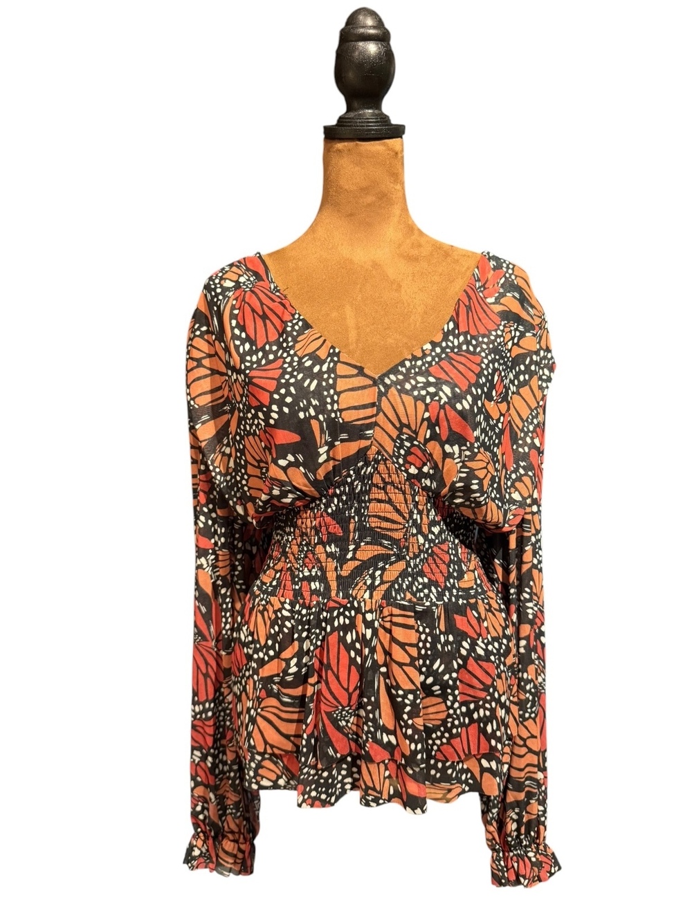 DR2 Women's Monarch Butterfly Print Long Sleeve Blouse